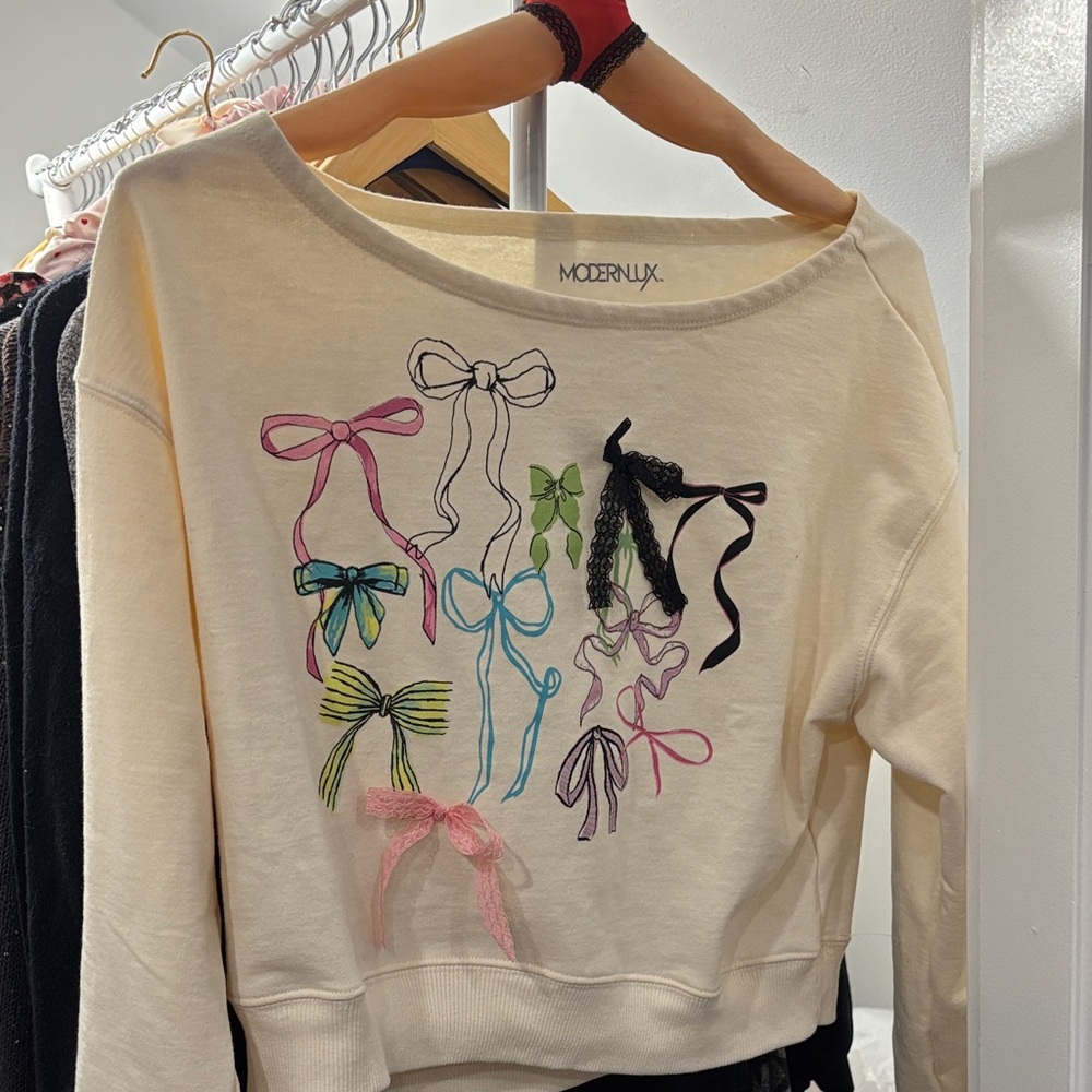 Modern Lux Cream Sweatshirt with Colorful Bow Designs